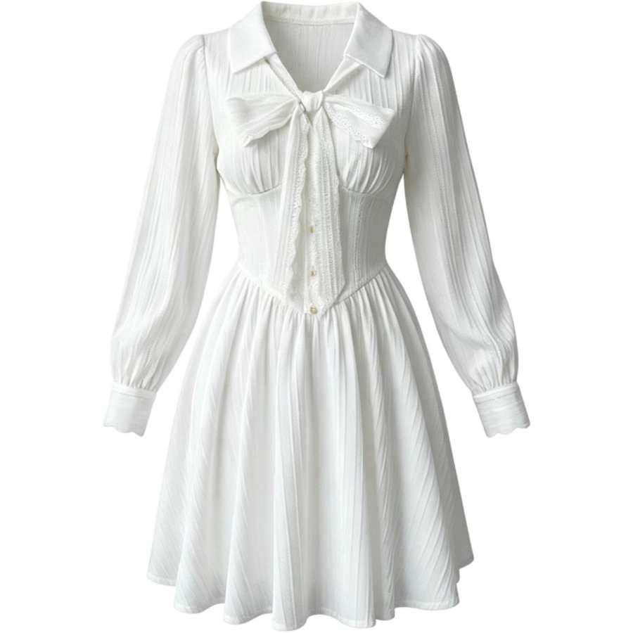 CHARM GLOW Long Sleeved Dresses Women's White V Neck Moderate Short Skirt A Line Skirt