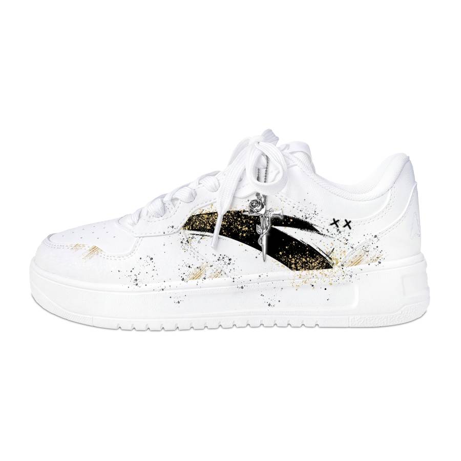 ANTA Easy Skateboard Shoes Men's Low Top White & Gold Black Graffiti Colorway