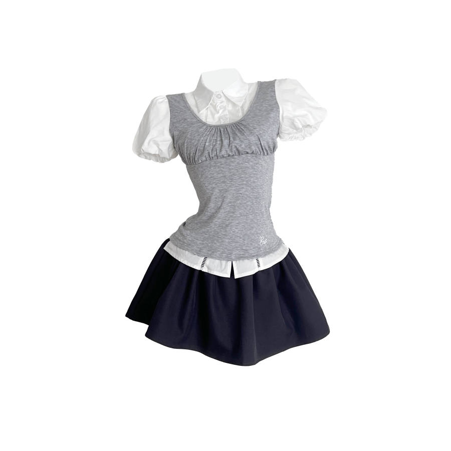 TUSHIFEI Two Piece Skirt Sets Women's Polo Collar Moderate Short Skirt