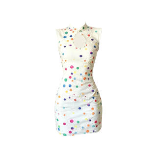 TUSHIFEI Sleeveless Dresses Women's White Multicolor Polka Dot Stand Collar Moderate Short Skirt Bodycon Skirt