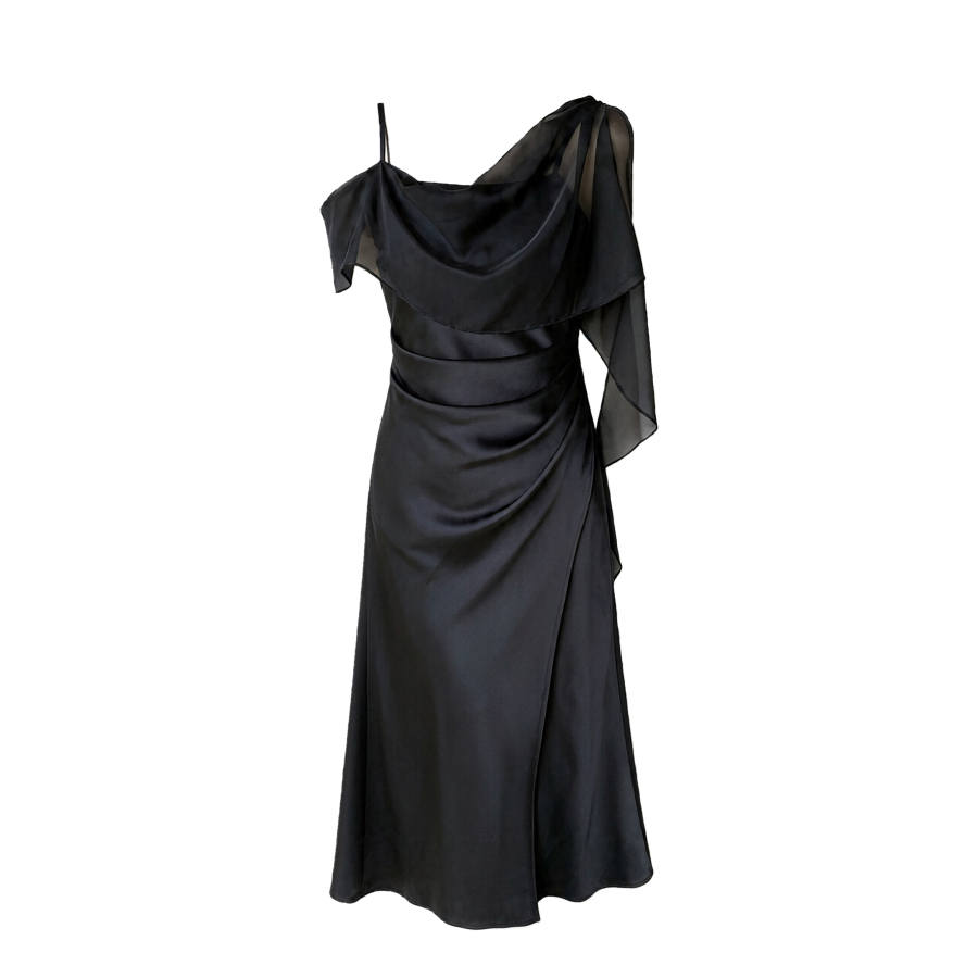 CPAURA Short Sleeved Dresses Women's Black Moderate Long Skirt Fishtail Dress
