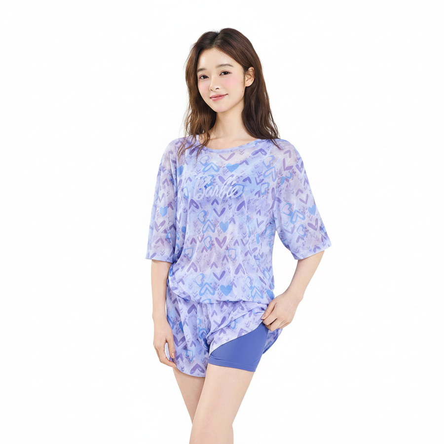 Barbie Two Piece Swimsuits Women's Purple Crew Neck Thin Square Leg Two Piece Swimsuit