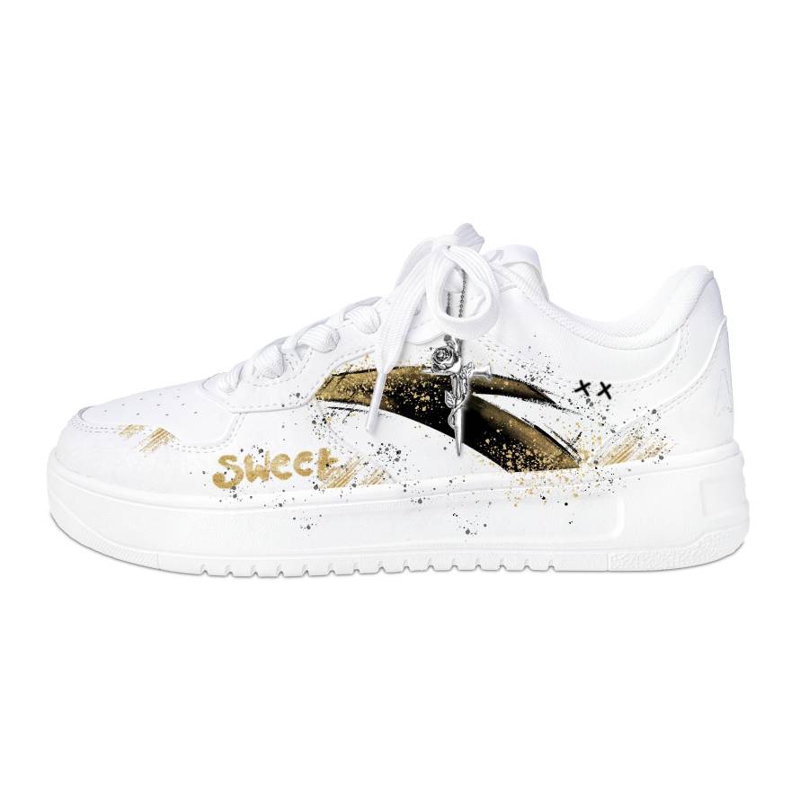 ANTA Easy Skateboard Shoes Men's Low Top White & Gold Black Graffiti Colorway