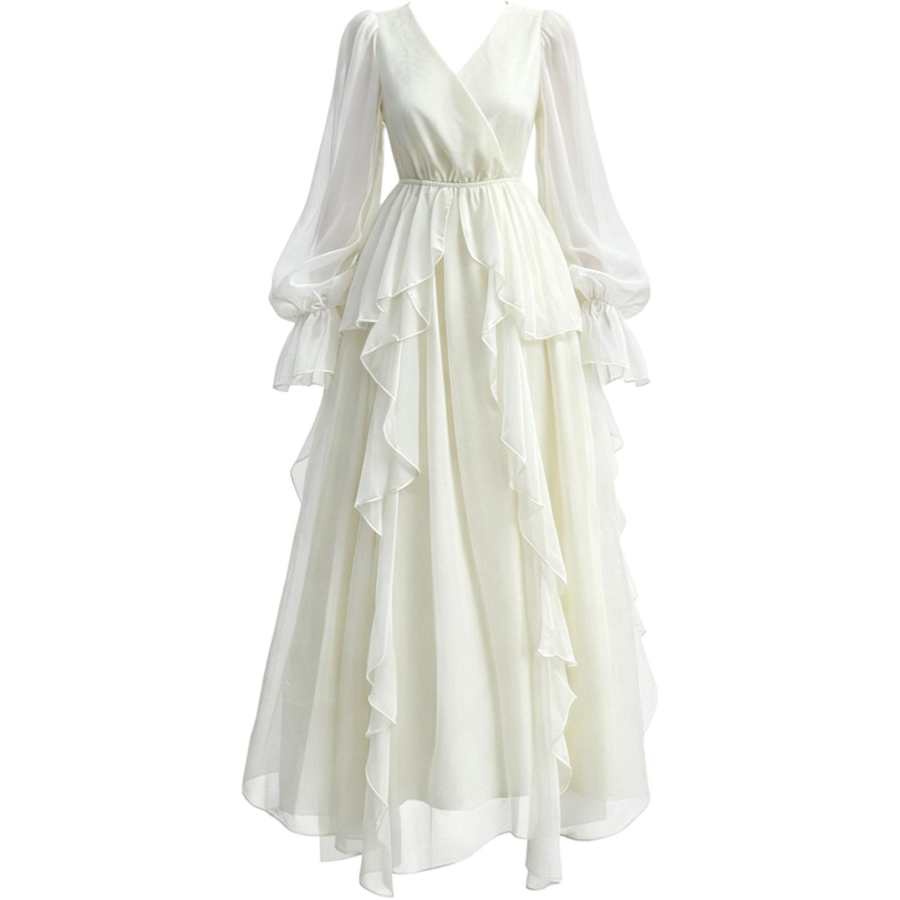CHARM GLOW Long Sleeved Dresses Women's Apricot V Neck Moderate Long Skirt A Line Skirt