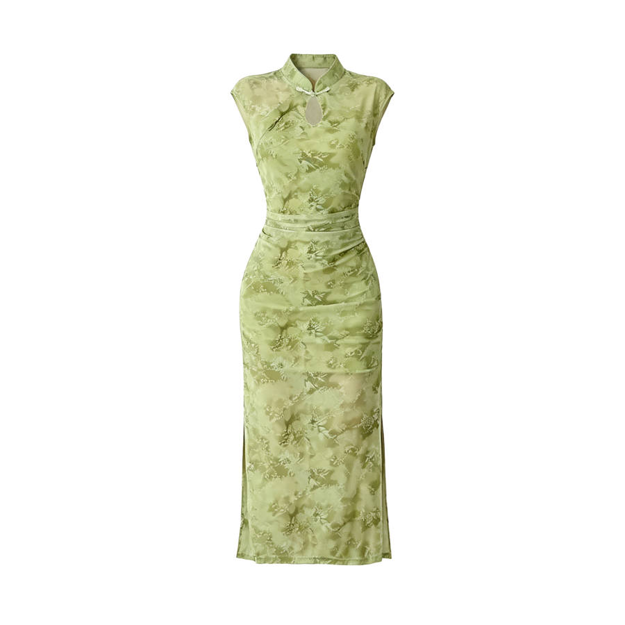 TUSHIFEI Short Sleeved Dresses Women's Multicolor Stand Collar Thin Midi Skirt Bodycon Skirt