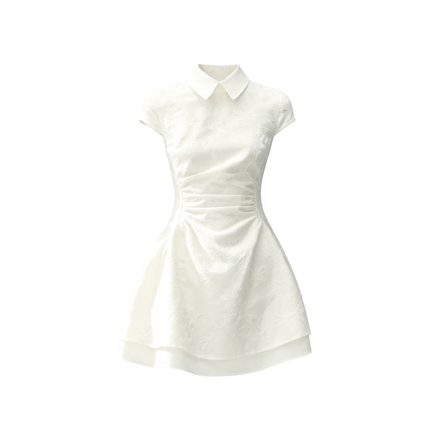 TUSHIFEI Short Sleeved Dresses Women's Ecru Lapel Moderate Short Skirt A Line Skirt
