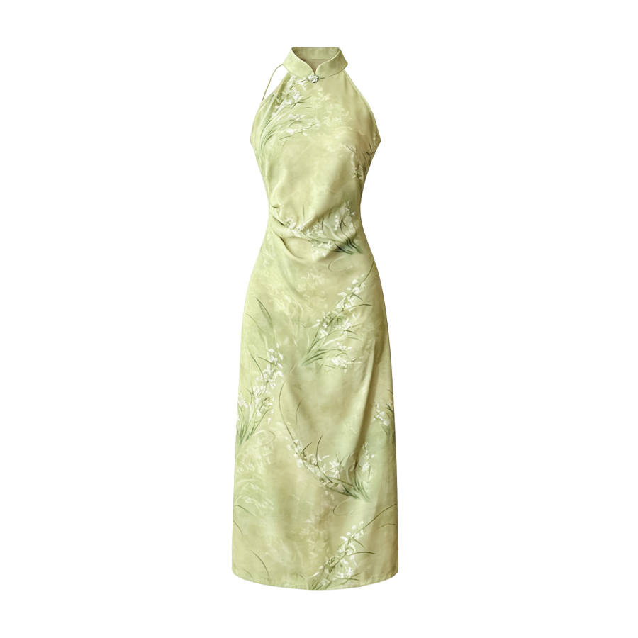 TUSHIFEI Sleeveless Dresses Women's Green Stand Collar Moderate Midi Skirt Bodycon Skirt