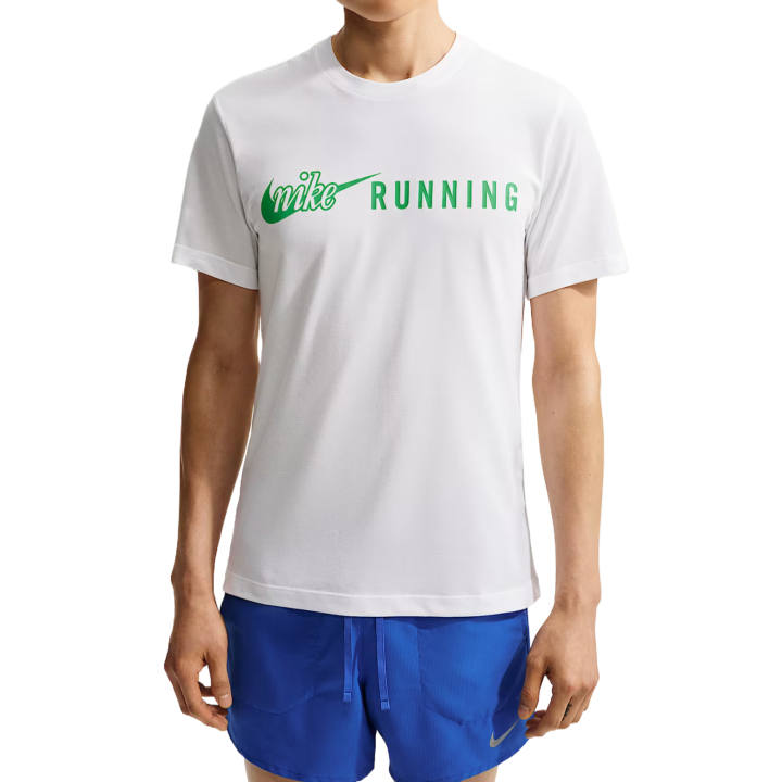Nike Nike Running T Shirts Men's White/Green Spark Crew Neck Moderate