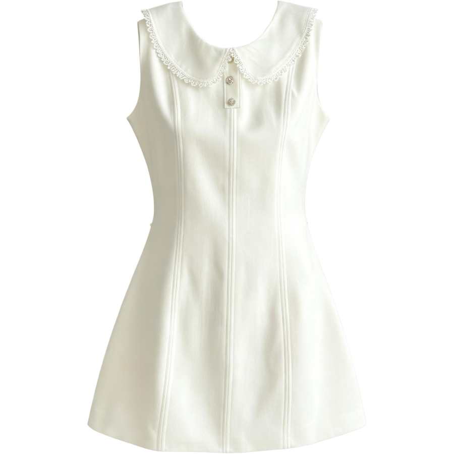 FINDSME GAGA Sleeveless Dresses Women's Ecru Peter Pan Collar Moderate Short Skirt A Line Skirt