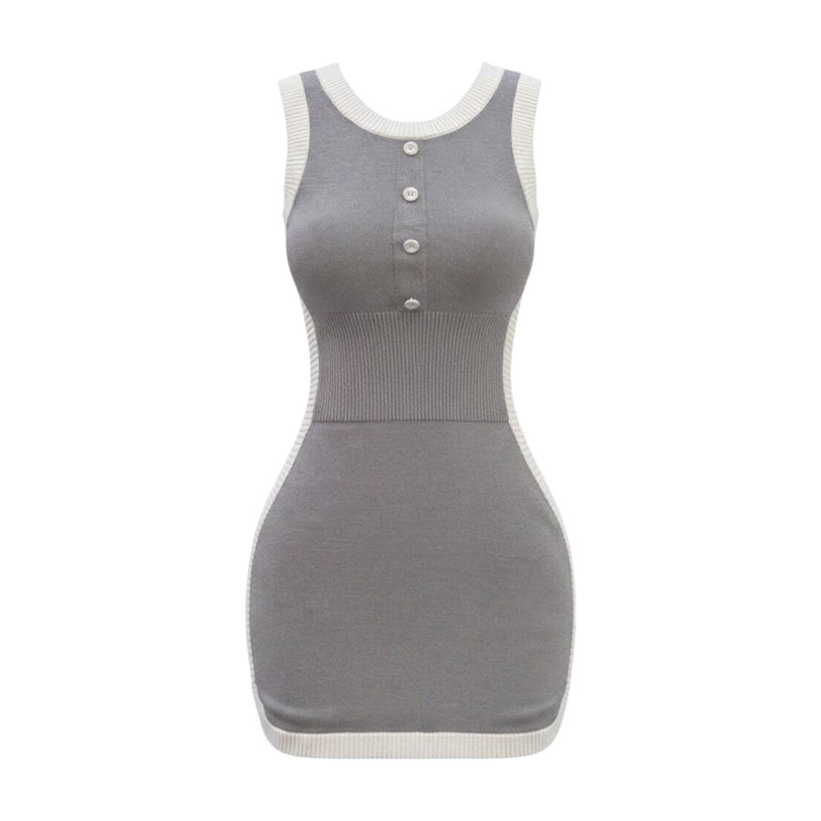 FINDSME GAGA Sleeveless Dresses Women's Gray Crew Neck Moderate Short Skirt Bodycon Skirt