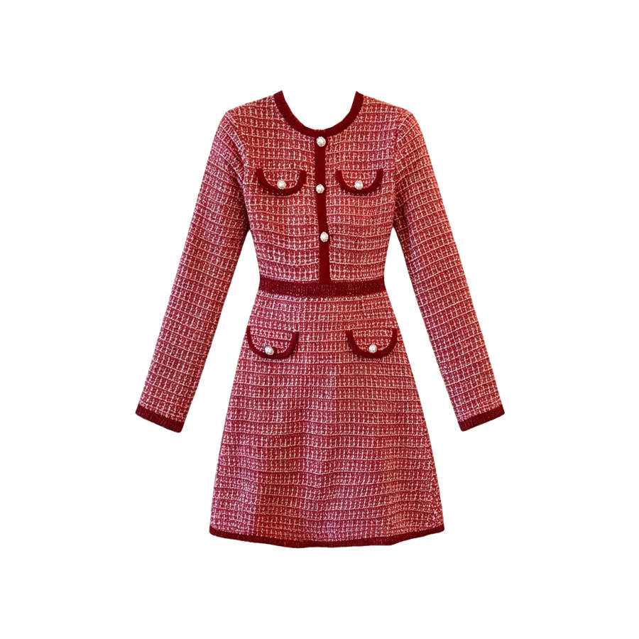 TUSHIFEI Long Sleeved Dresses Women's Red Crew Neck Moderate Short Skirt A Line Skirt