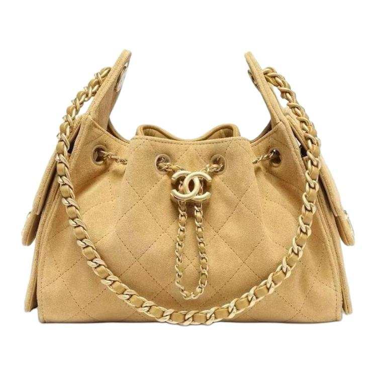 CHANEL 25Bag Suede Effect With Cow Leather & Metal Shoulder Bag Mini Women's Camel