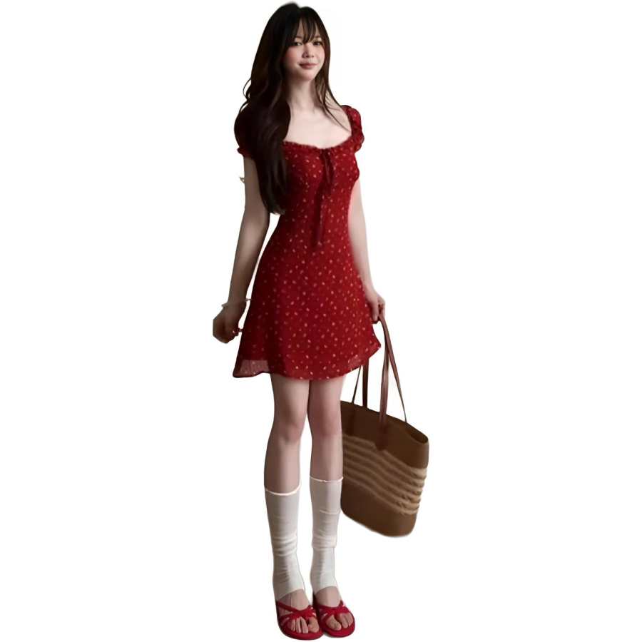 JBBCN Slip Dresses Women's Red Floral Thin Short Skirt A Line Skirt