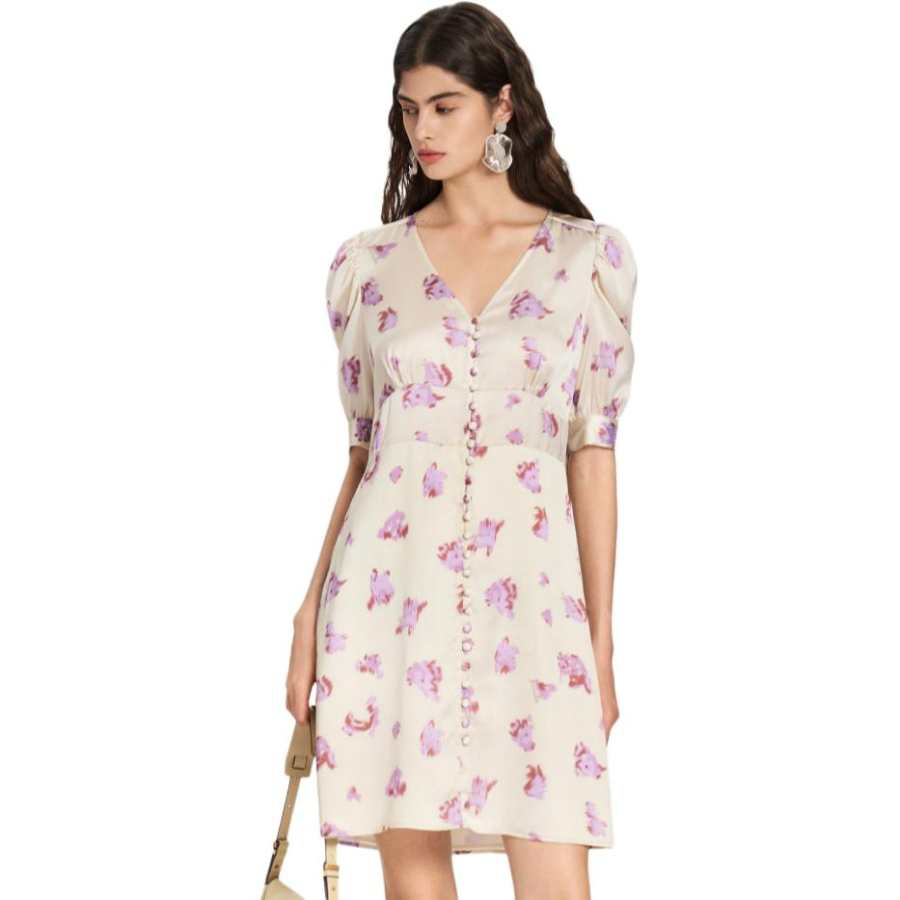 PINKO Short Sleeved Dresses Women's Yellow Pattern V Neck Thickened Short Skirt A Line Skirt