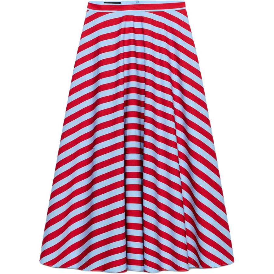 ZARA Casual Long Skirts Women's Red Stripes Moderate A Line Skirt
