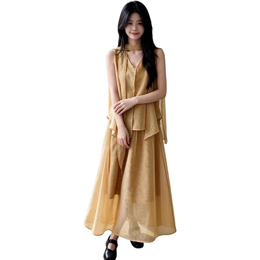 JBBCN Two Piece Skirt Sets Women's V Neck Thin Long Skirt