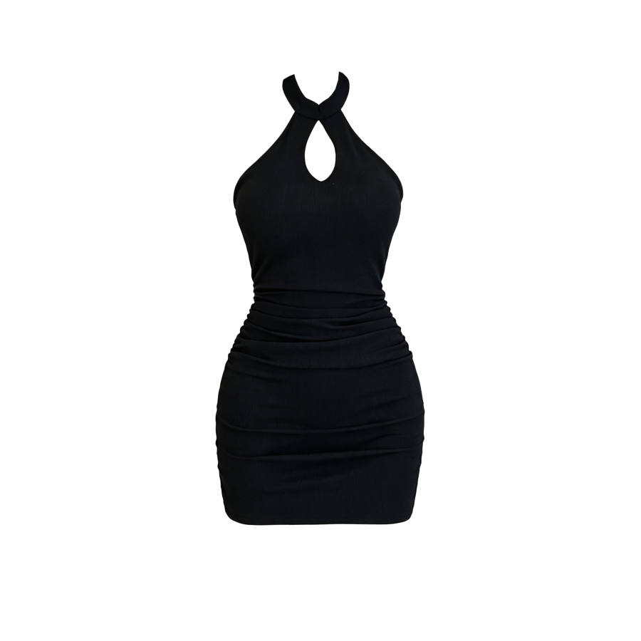TUSHIFEI Sleeveless Dresses Women's Black Halter Moderate Short Skirt Bodycon Skirt
