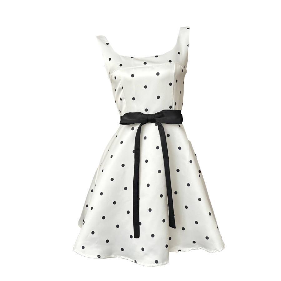CPAURA Sleeveless Dresses Women's Black And White Polka Dot Short Skirt Camisole Moderate Short Skirt A Line Skirt