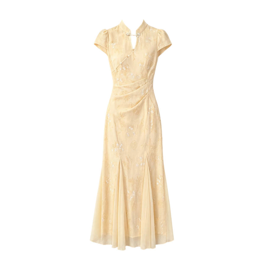 TUSHIFEI Short Sleeved Dresses Women's Yellow Stand Collar Moderate Long Skirt Fishtail Dress