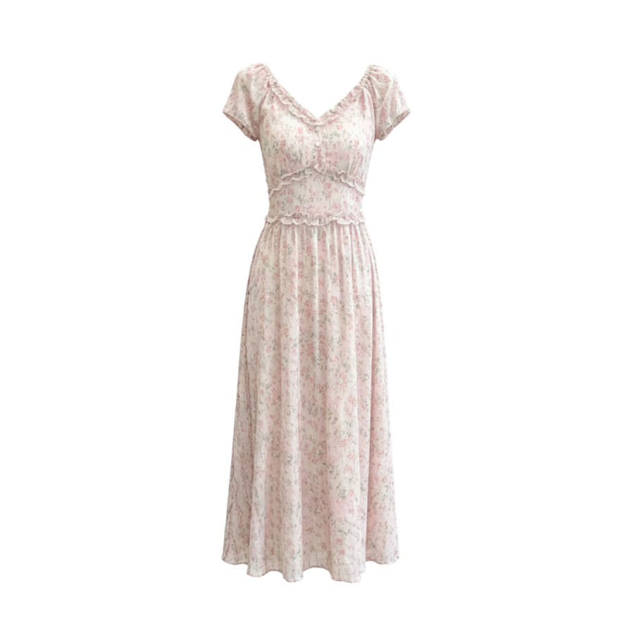 TUSHIFEI Short Sleeved Dresses Women's Image Color+Hair Tie V Neck Moderate Long Skirt A Line Skirt
