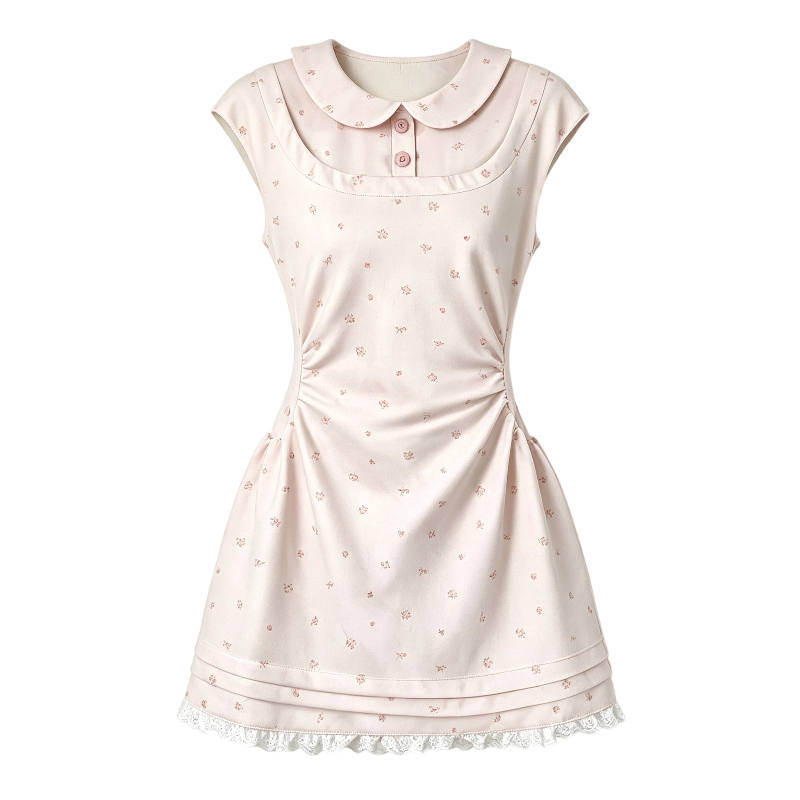 CPAURA Sleeveless Dresses Women's Pink Peter Pan Collar Moderate Short Skirt A Line Skirt