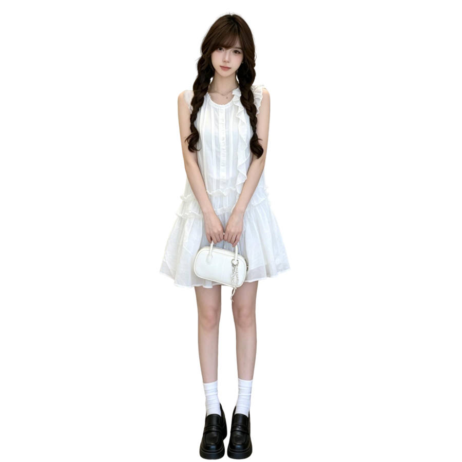 JBBCN Sleeveless Dresses Women's Ecru Lettuce Edge Collar Thin Short Skirt Tiered Skirt