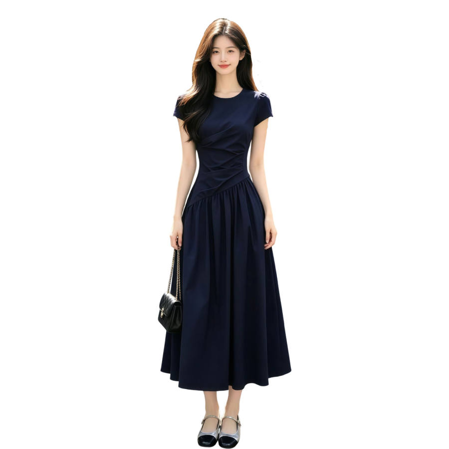 JBBCN Short Sleeved Dresses Women's Navy Blue Crew Neck Moderate Long Skirt