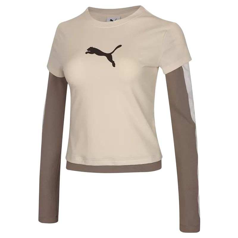 PUMA T Shirts Women's Ecru/Brown/Black/White Crew Neck Straight Fit