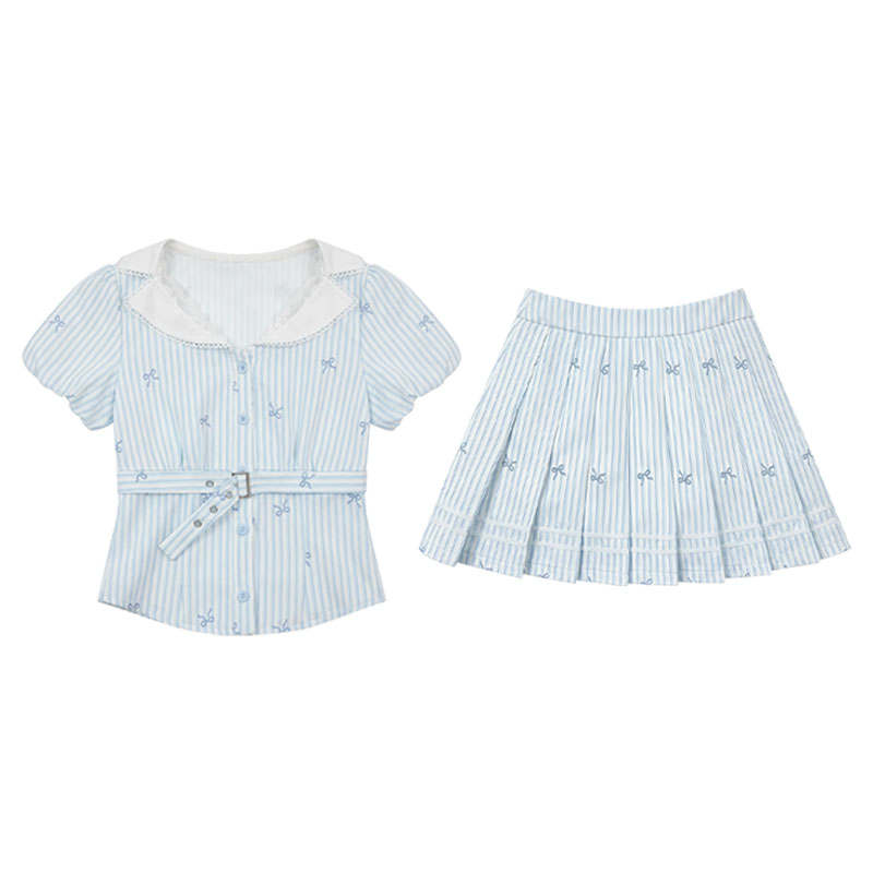 FABRIC PIG Two Piece Skirt Sets Women's Blue Top+Short Skirt Peter Pan Collar Thin Short Skirt