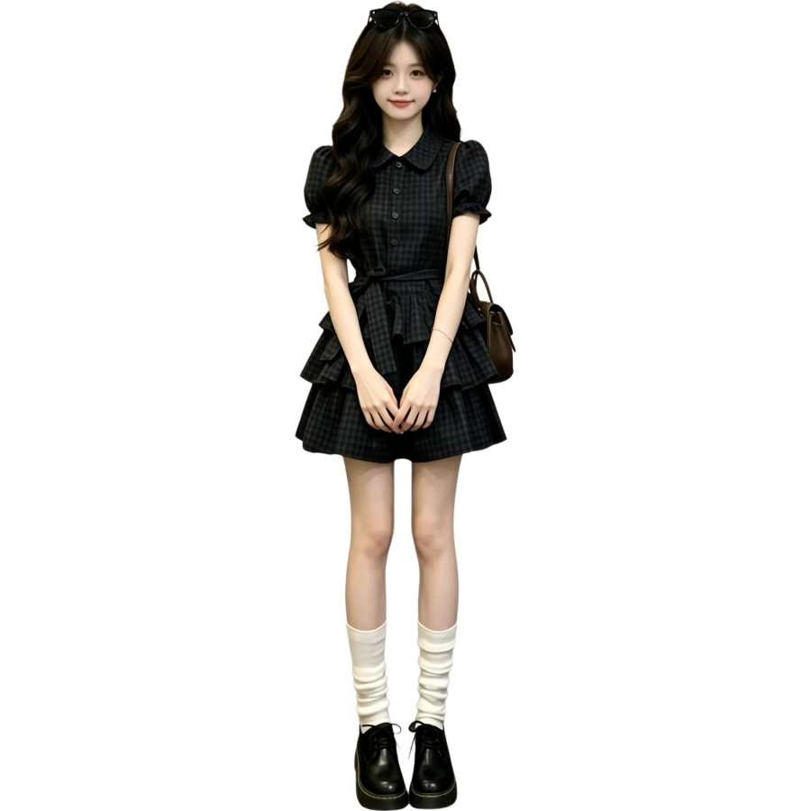 JBBCN Short Sleeved Dresses Women's Navy Blue Plaid Peter Pan Collar Thin Short Skirt Tiered Skirt
