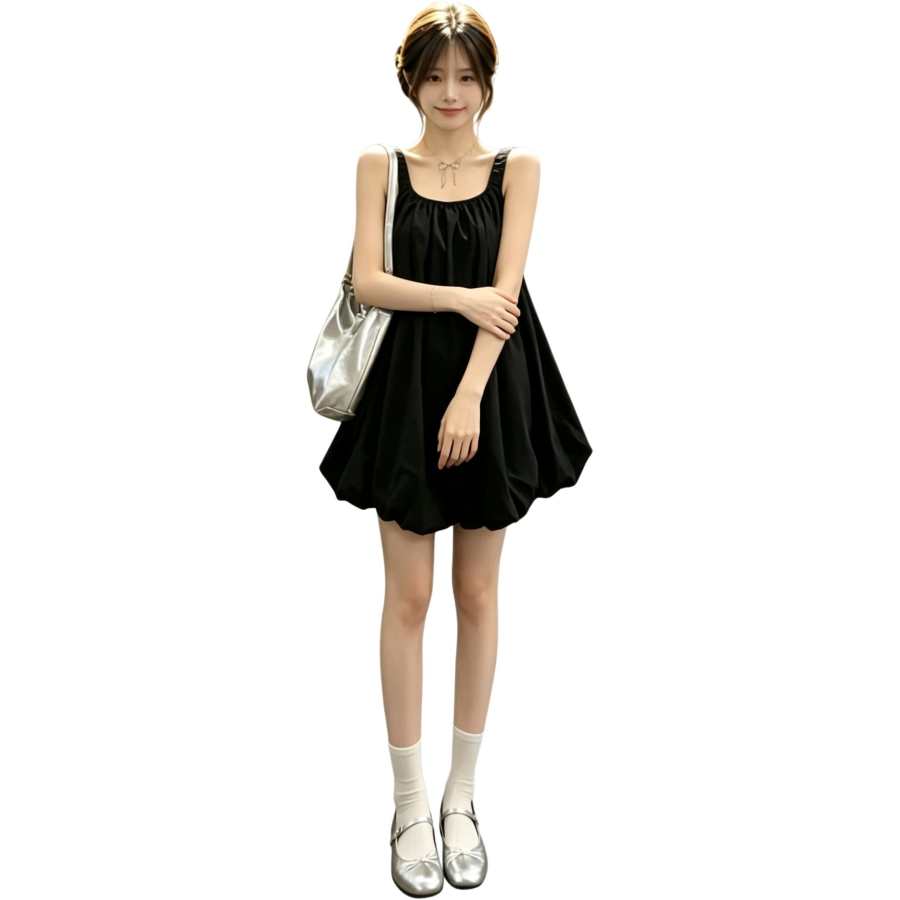 JBBCN Slip Dresses Women's Black Thin Short Skirt Puffy Skirt