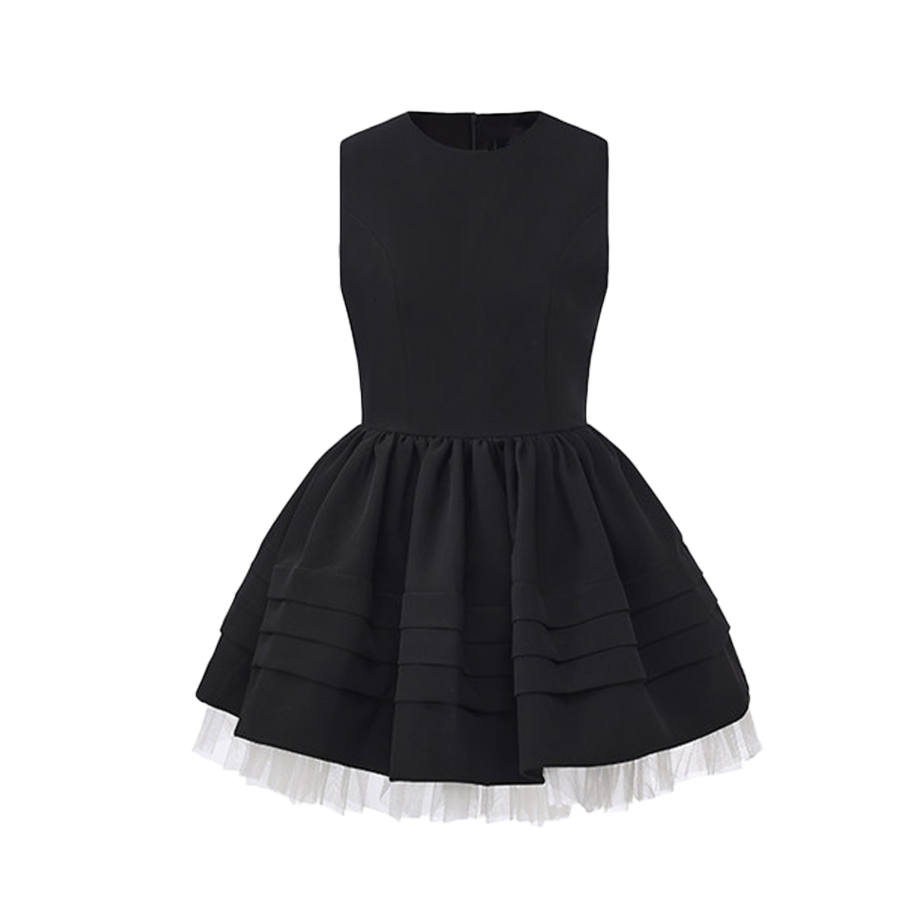CPAURA Sleeveless Dresses Women's Black Crew Neck Moderate Short Skirt Puffy Skirt