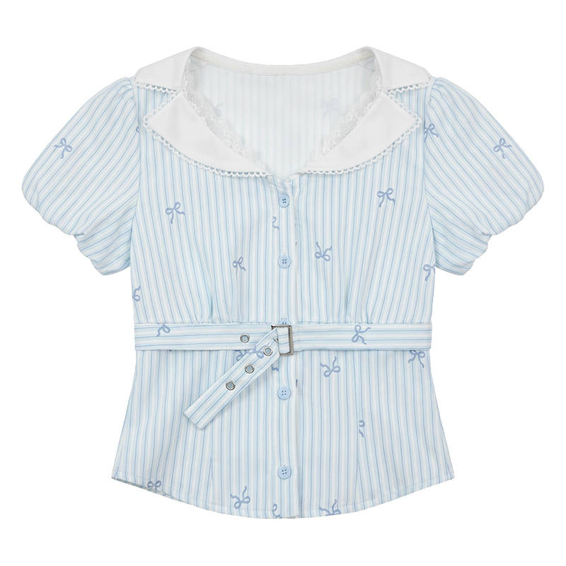 FABRIC PIG Shirts Women's Blue Short Sleeved Peter Pan Collar Thin Nipped In Waist