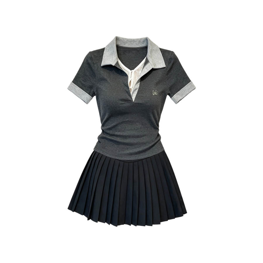 TUSHIFEI Two Piece Skirt Sets Women's V Neck Moderate Short Skirt