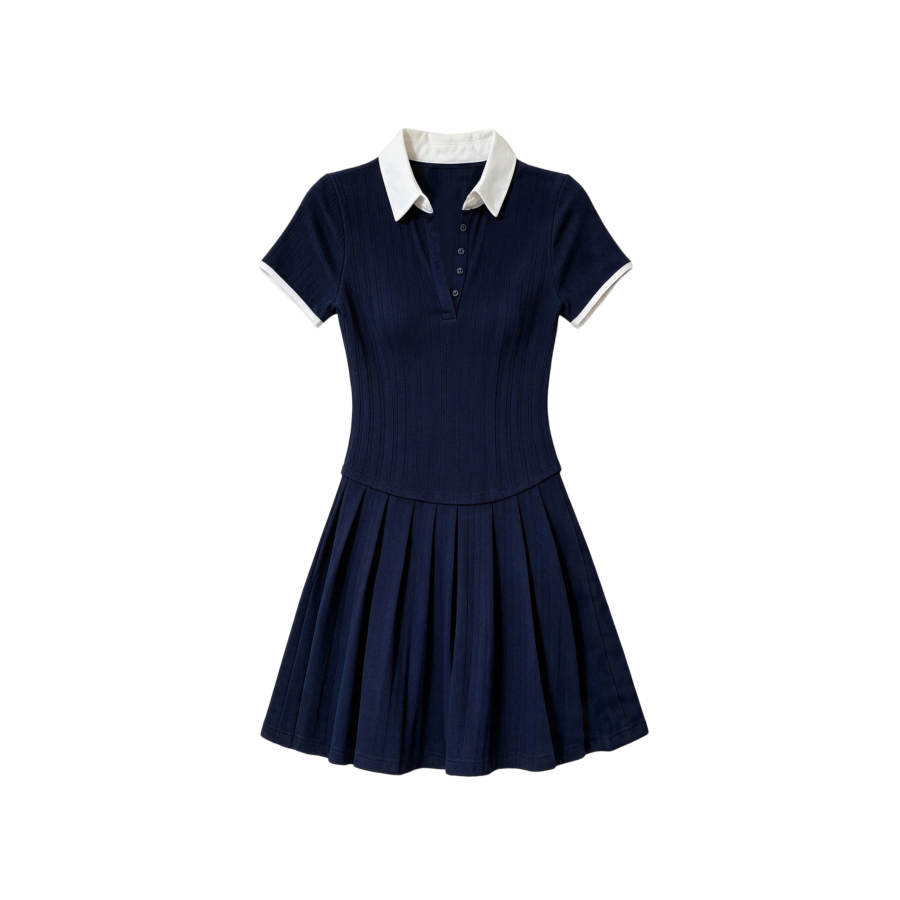 TUSHIFEI Short Sleeved Dresses Women's Navy Blue Polo Collar Moderate Short Skirt A Line Skirt