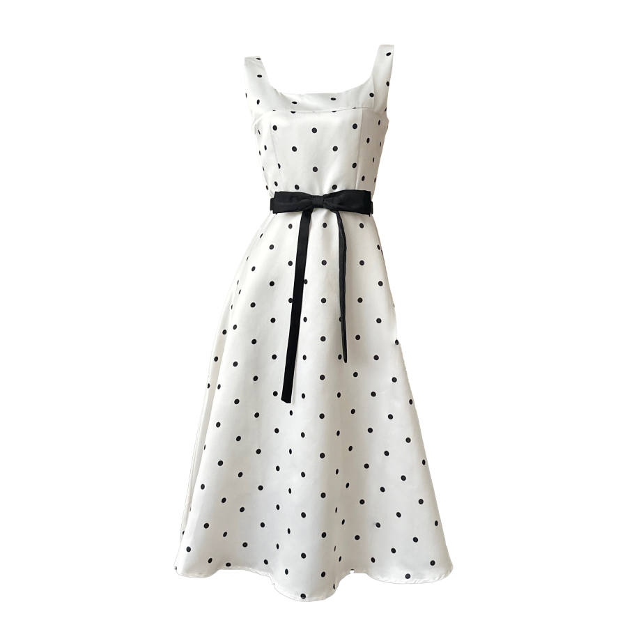 CPAURA Sleeveless Dresses Women's Black White Polka Dot Long Skirt Camisole Moderate Long Skirt A Line Skirt