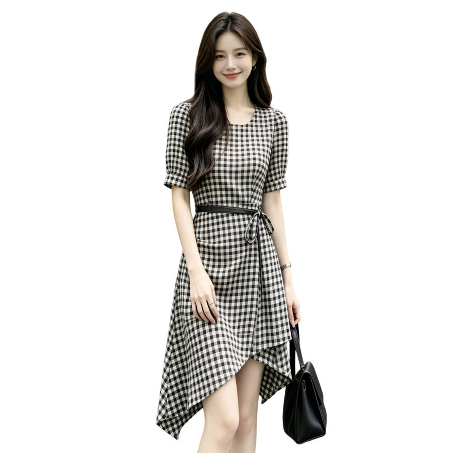 JBBCN Short Sleeved Dresses Women's Black White Plaid Includes Belt Square Collar Thin Short Skirt Other