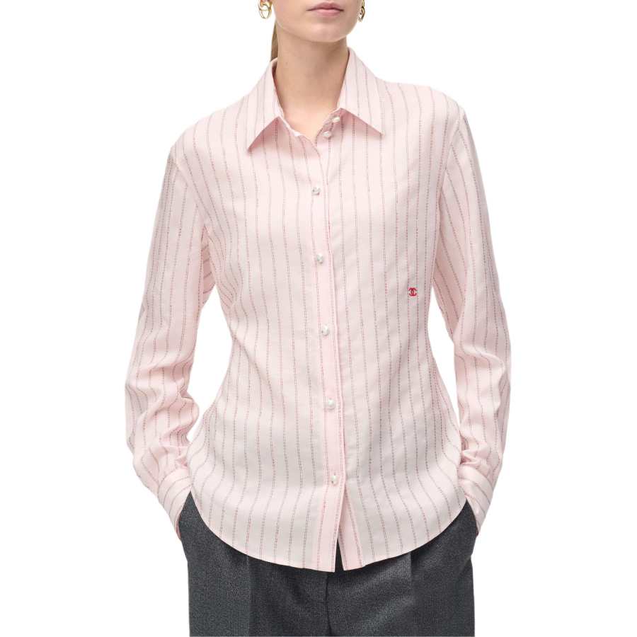 CHANEL Shirts Women's Light Pink Lapel Moderate Straight Fit