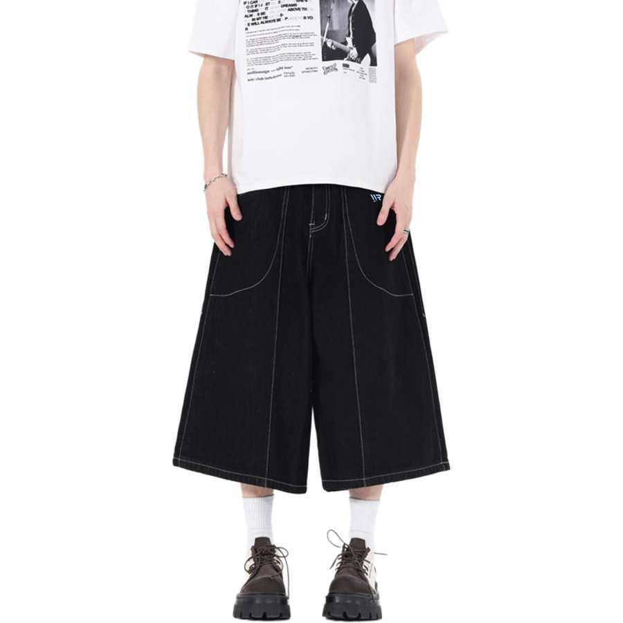 WARRIOR Denim Shorts Unisex Black DIY Badge Thin Straight Fit Pants