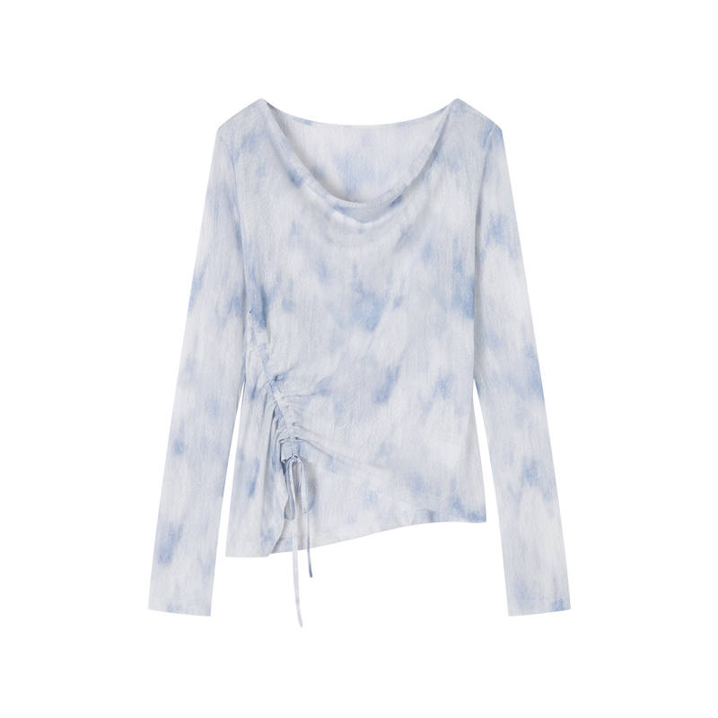 XIANGYING T Shirts Women's Blue Draped Neckline Thin