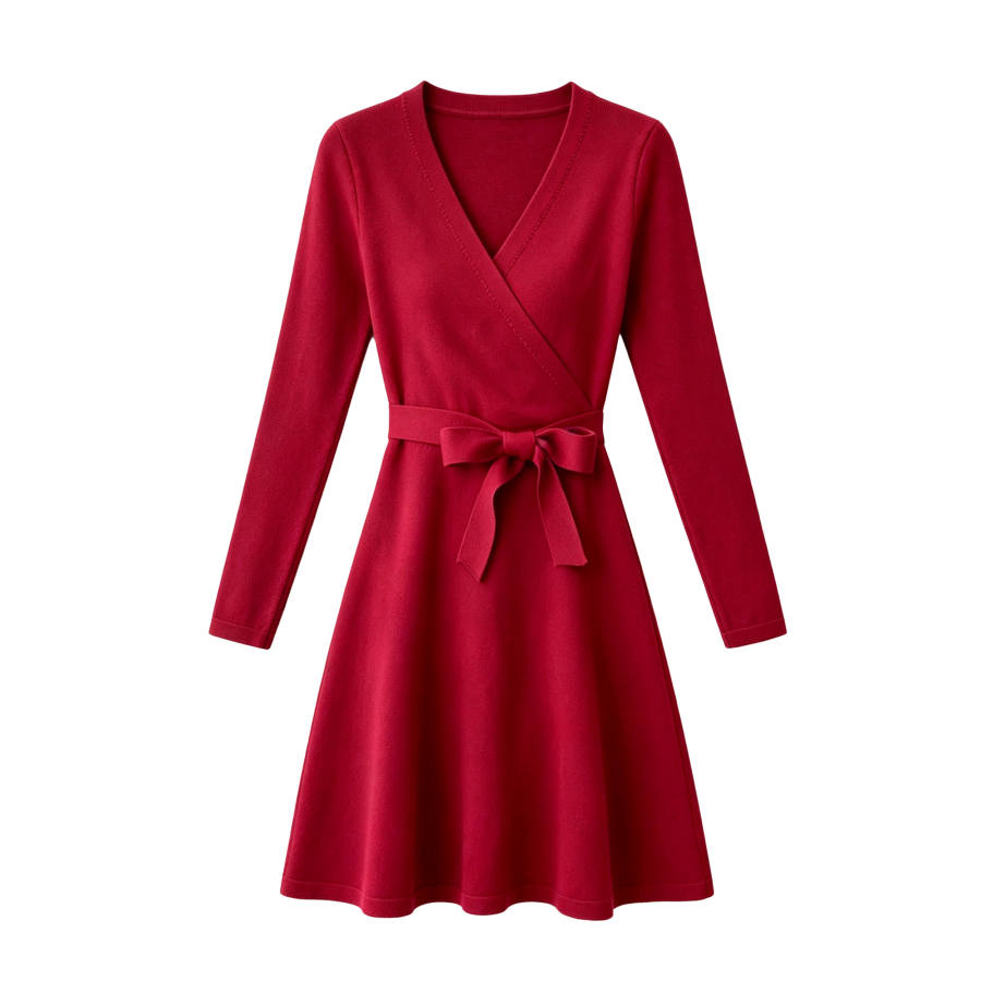 CPAURA Long Sleeved Dresses Women's Red V Neck Moderate Midi Dress A Line Skirt