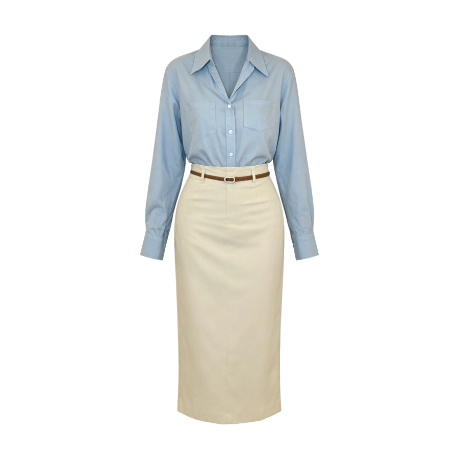 FINDSME GAGA Two Piece Skirt Sets Women's Lapel Moderate Midi Skirt