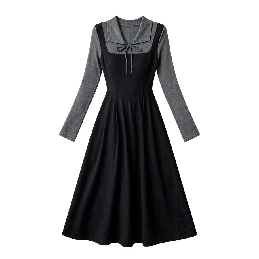 CPAURA Long Sleeved Dresses Women's Image Color Peter Pan Collar Moderate Long Skirt A Line Skirt