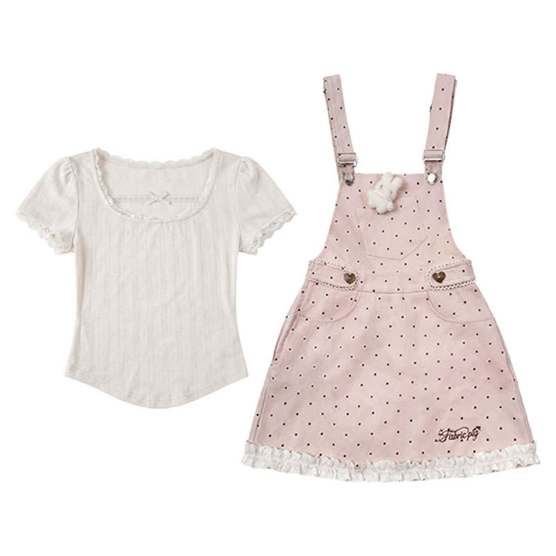 FABRIC PIG Two Piece Skirt Sets Women's Apricot Base Layer+Pink Suspender Skirt Crew Neck Moderate Short Skirt