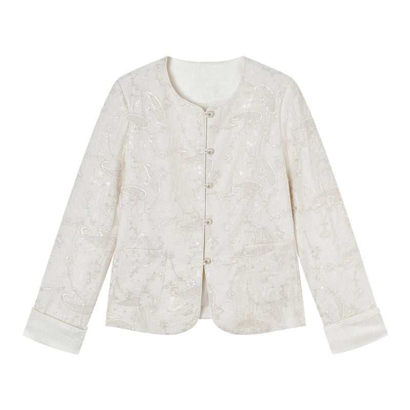 XIANGYING Cropped Coats Women's Ecru Crew Neck Moderate