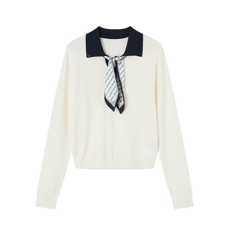 XIANGYING Knitwear Women's Ecru Polo Collar Moderate