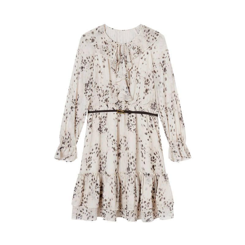 XIANGYING Long Sleeved Dresses Women's Light Khaki V Neck Moderate Short Skirt
