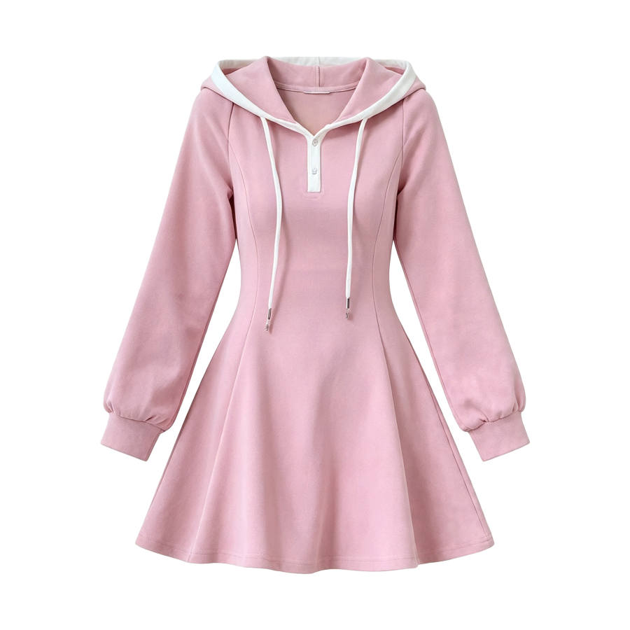 CPAURA Long Sleeved Dresses Women's Pink Thickened Hooded Non Detachable Moderate Short Skirt A Line Skirt