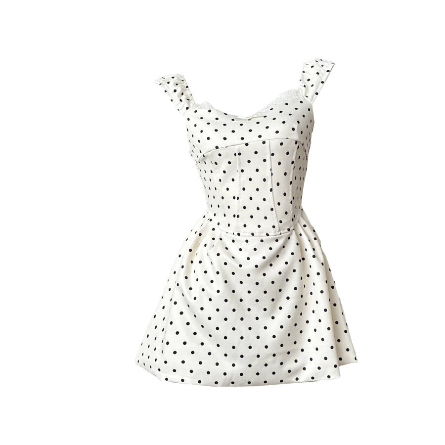 CPAURA Sleeveless Dresses Women's Polka Dot Square Collar Moderate Short Skirt A Line Skirt