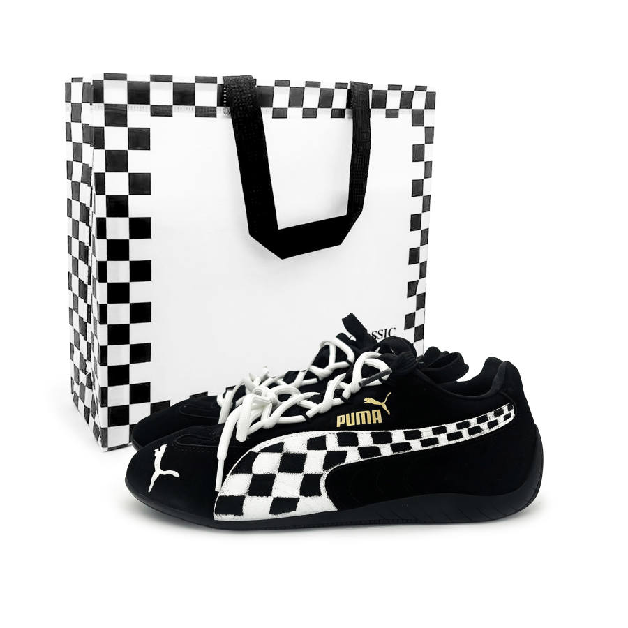 PUMA Speedcat Collection Skateboard Shoes Unisex Low Top Black & White Checkerboard With Gold Accents